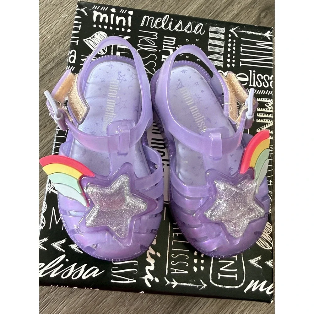 Mini Melissa Toddler Girls Sandal Size 5 Glitter Rainbow Star Possession II NIB